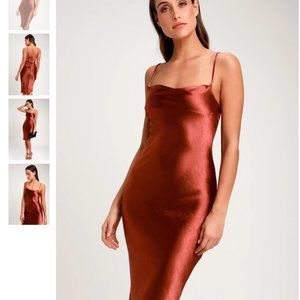 Copper Satin Cowl Neck Midi Slip Dress